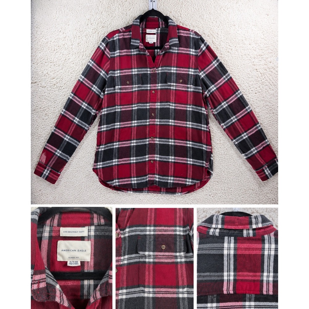 American Eagle Plaid Flannel Shirt Womens XL Red Black Classic Fit Soft